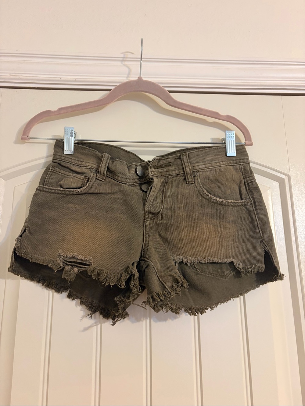 Free People Olive Green Distressed Denim Cutoff Shorts